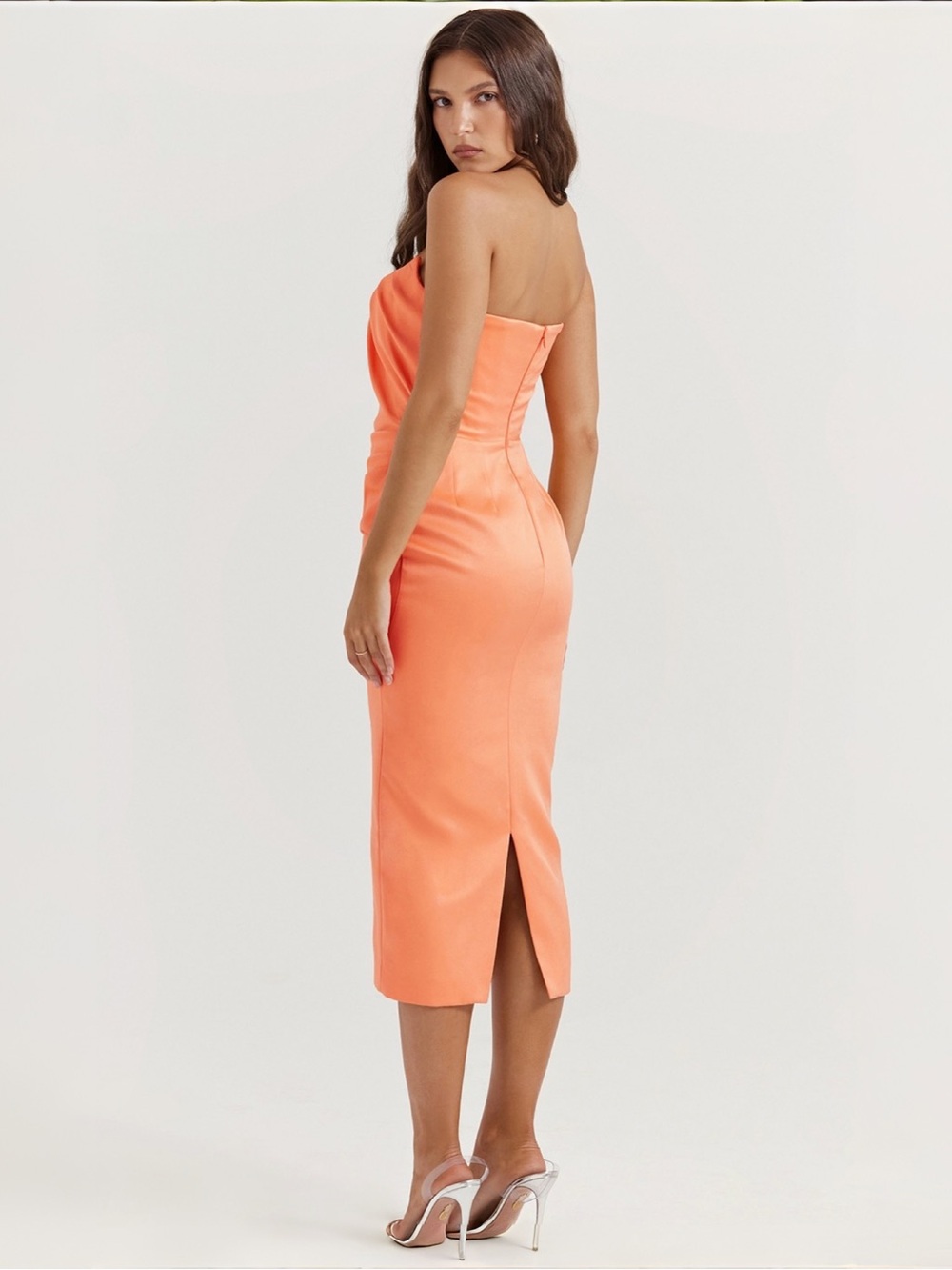 House of CB Alora Tangerine Strapless Corset Midi Dress Orange Sz S $255 NWT - Picture 4 of 11
